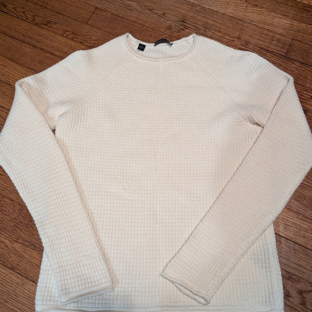 Saks Fifth Avenue Cream Waffle Knit 100% Wool Crew Neck Sweater, Women's M